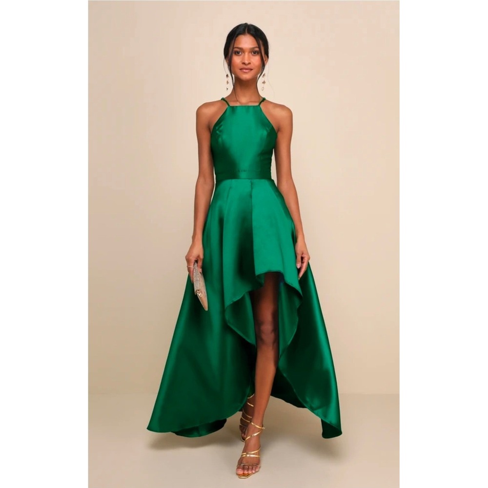 Lulus Women M Emerald Green Broadway Show High Low‎ Gown Satin Halter Dress